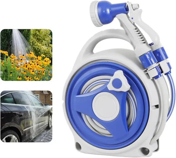 Furtun gradina extensibil cu tambur, pistol cu 8 jeturi, sistem de blocare automată – 15m