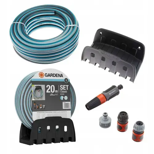 Furtun gradina Gardena 18005-50, 20m 1/2 inch, set complet cu suport perete si pistolet, rezistent la presiune și UV
