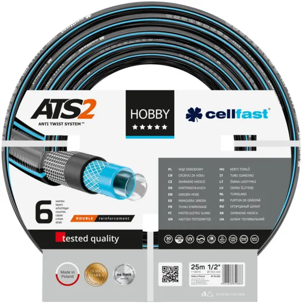 furtun pentru gradina cellfast hobby cu 6 straturi, 1 2 , armat, 25m, protectie uv, antirasucire