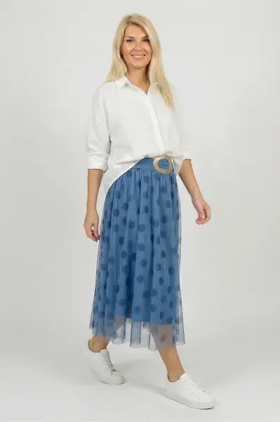 Fusta clos din tulle, bleu cu buline albastru inchis