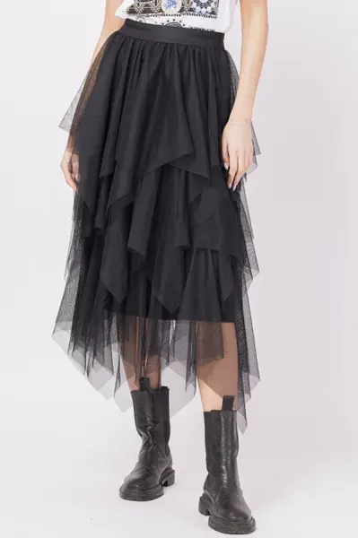 Fusta din tulle, in straturi inegale, lunga, neagra