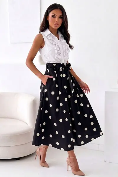 Fusta eleganta cu buline NORINE, funda in talie si buzunare, Negru, Marime S/M/L