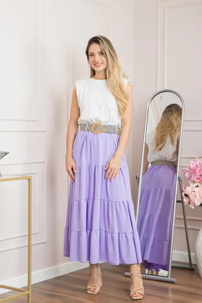 Fusta lila boho chic cu volane si curea in talie