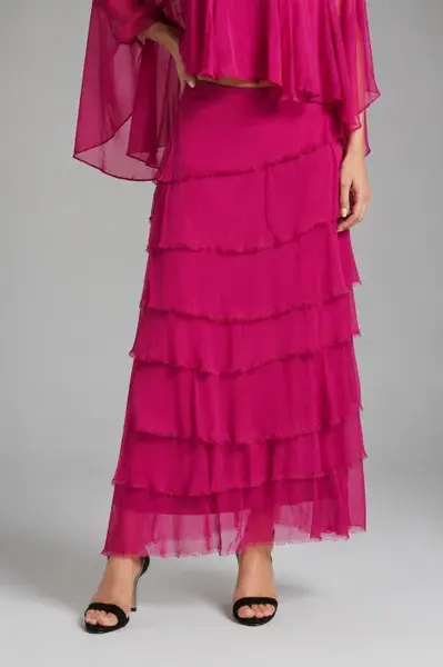 Fusta lunga cu volane suprapuse, din matase si vascoza, fucsia