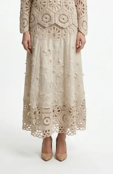 Fusta lunga din bumbac cu broderie, croi lejer, eleganta, bej