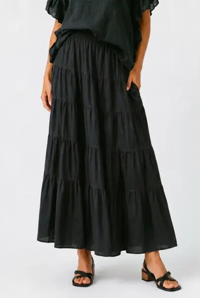 Fusta lunga din bumbac cu volane si talie elastica, neagra