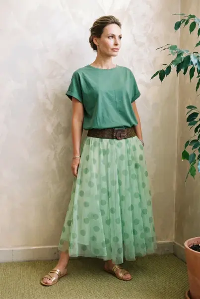 Fusta lunga din tulle cu buline decorative si captuseala, verde