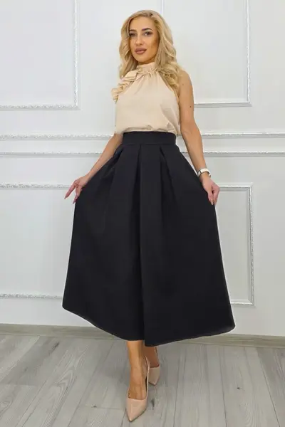 Fusta lunga evazata Mathilde, cu buzunare si pliuri, Negru, Marime S/M/L