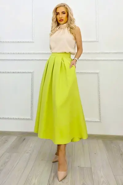 Fusta lunga evazata Mathilde, cu buzunare si pliuri, Verde Lime, Marime S/M/L