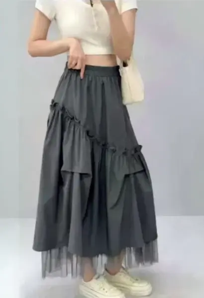 Fusta midi ampla cu volane, falduri si tulle, gri