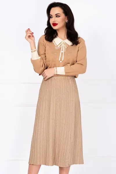 Fusta midi bej din tricot cu talie elastica
