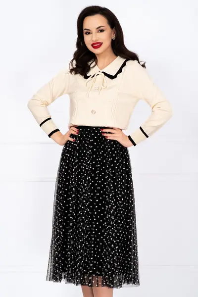 Fusta midi neagra din tulle cu buline albe