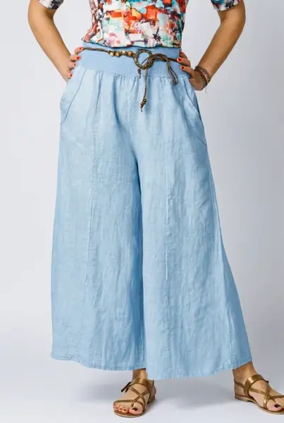 Fusta pantalon bleu, casual, din in, cu o curea fancy