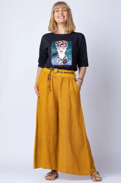 Fusta pantalon casual, mustar, din in, cu o curea fancy