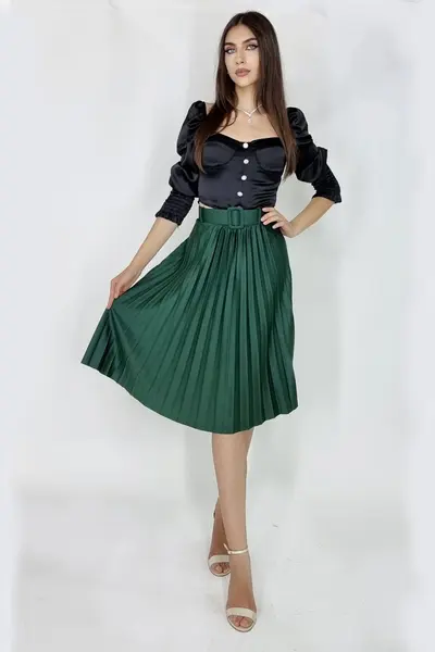 Fusta plisata eleganta Carmen, curea de aceeasi culoare inclusa, Verde, Marime universala S/M