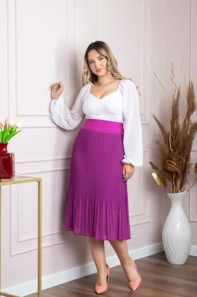 Fusta plisata fuchsia din voal cu elastic in talie