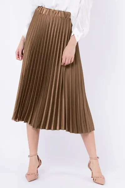Fusta plisata, satinata, midi, capucino