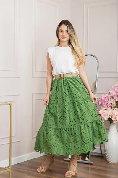 Fusta verde boho chic cu perforatii si curea in talie