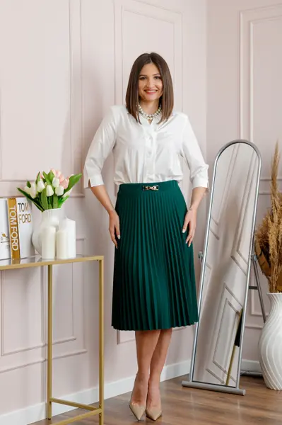 Fusta verde dama Brandy plisata midi cu talie elastica