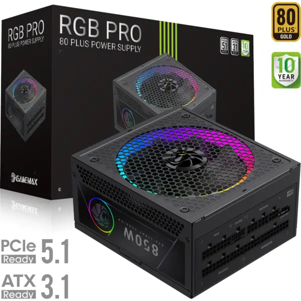 Gamemax Sursa alimentare Gamemax RGB PRO 850G, 80+ Gold, 850W, ATX 3.1, Modulara, ARGB