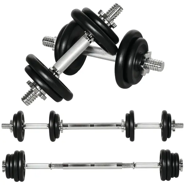 Gantere HOMCOM, ganteră lungă, 2 în 1, 20 kg, 8 discuri de gantere, rezistent la rugină, oțel, negru, 95 x 16 x 16 cm | Aosom Romania