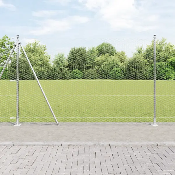 Gard hexagonal Gossi 1.5x50 m otel galvanizat, stalpi de gard Gossi cu placi de baza 13 pcs Ø32mm 83.5cm otel galvanizat