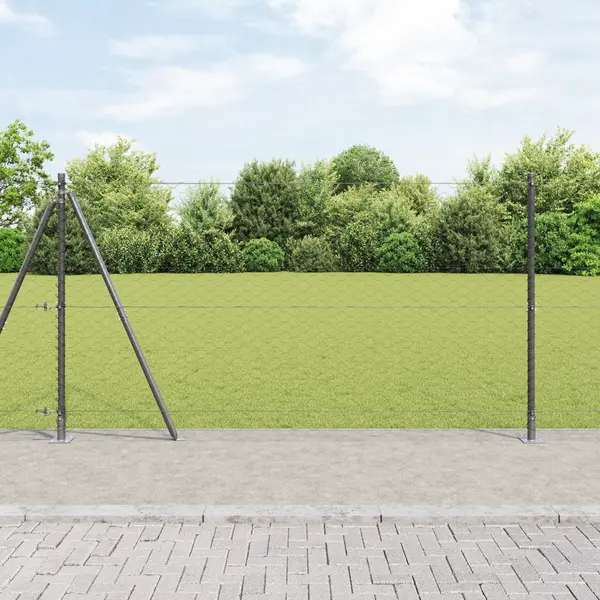 Gard hexagonal Gossi gri 1.2x10 m otel, stalpi de gard Gossi cu placi de baza 7 buc Ø32mm 68.5cm otel zincat