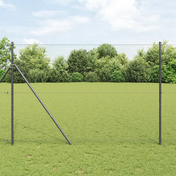 Gard hexagonal Gossi gri 1,6x25 m otel, stalpi de gard Gossi 13 buc gri Ø32 mm 210 cm otel galvanizat