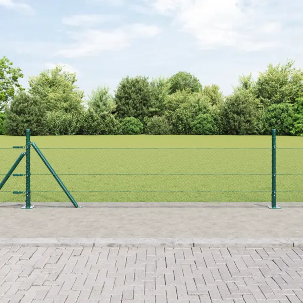 Gard hexagonal Gossi verde 0.4x10 m otel, stalpi de gard Gossi cu placi de baza 7 buc Ø32mm 50cm otel galvanizat