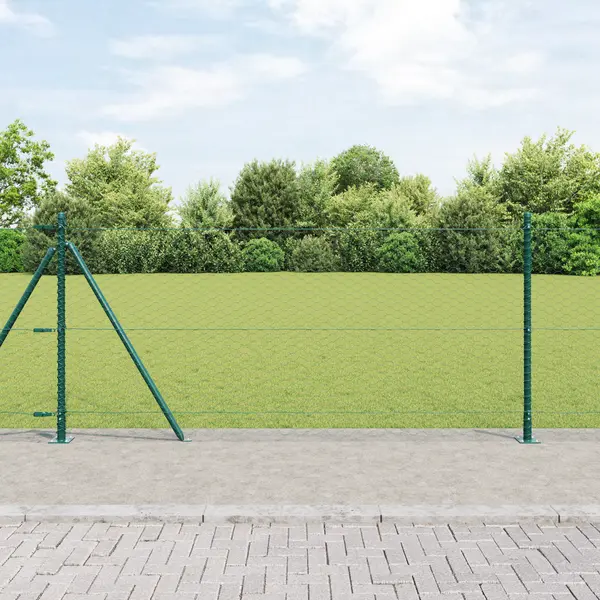 Gard hexagonal Gossi verde 0.8x25 m otel, stalpi de gard Gossi cu placi de baza 13 buc Ø32mm 90cm otel galvanizat