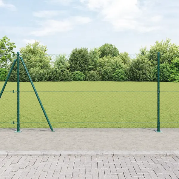 Gard hexagonal Gossi verde 1.2x10 m otel, stalpi de gard Gossi cu placi de baza 7 pcs Ø32mm 68.5cm otel galvanizat