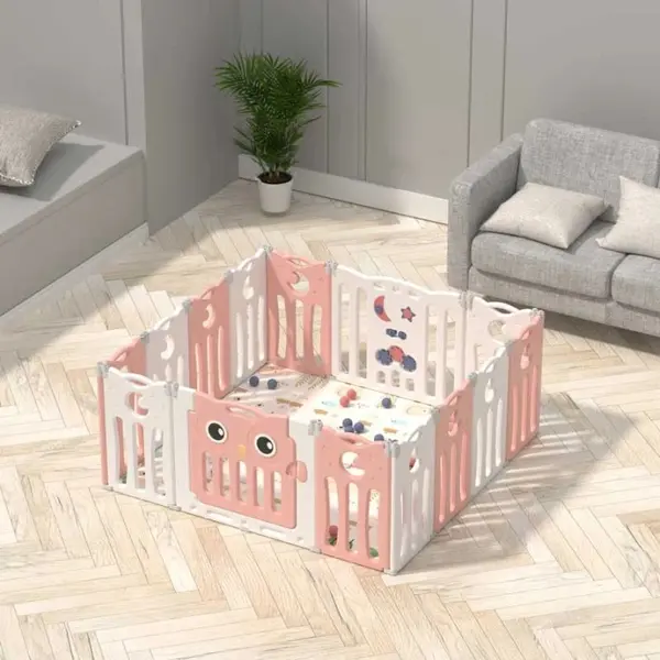 Gard pentru bebeluși Feelkids - Bufniță roz, 143 x 143 x 63 cm