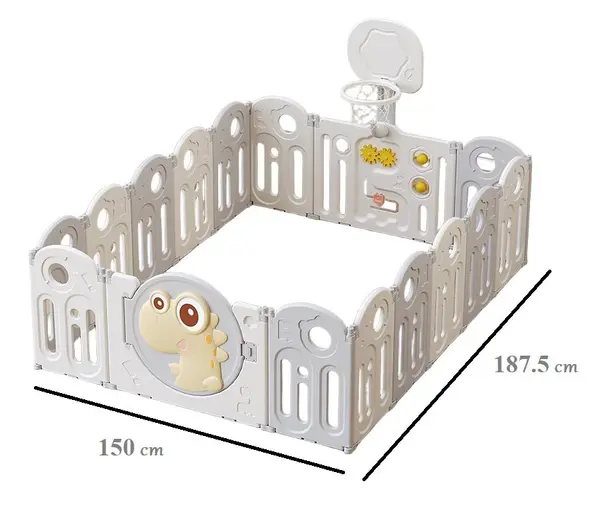 Gardulet loc de joaca pentru copii Nichiduta Garden Pink Dinosaur pliabil, portabil, compus din 14 panouri de gard + 2 panouri laterale, cos de baschet, usa cu blocare, inalt 61 cm