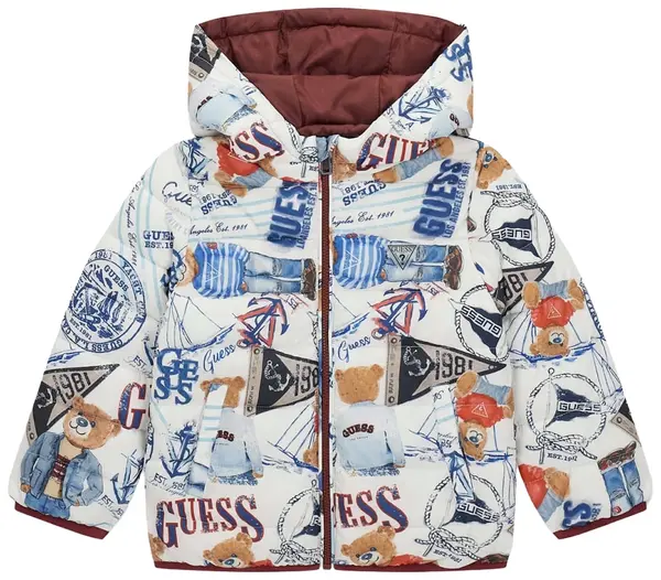 Geacă de copii cu glugă Guess - Cu urși și inscripții, multicolor, 12 luni