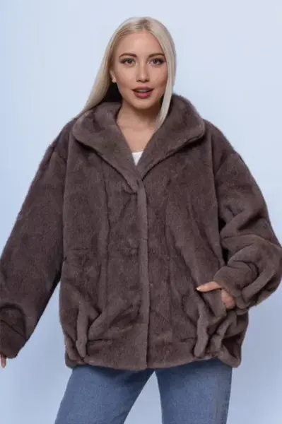 Geaca oversize din blanita artificiala, bej inchis