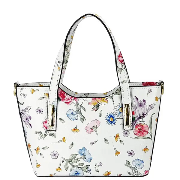 Geanta alba din piele naturala cu imprimeu floral 8904 131