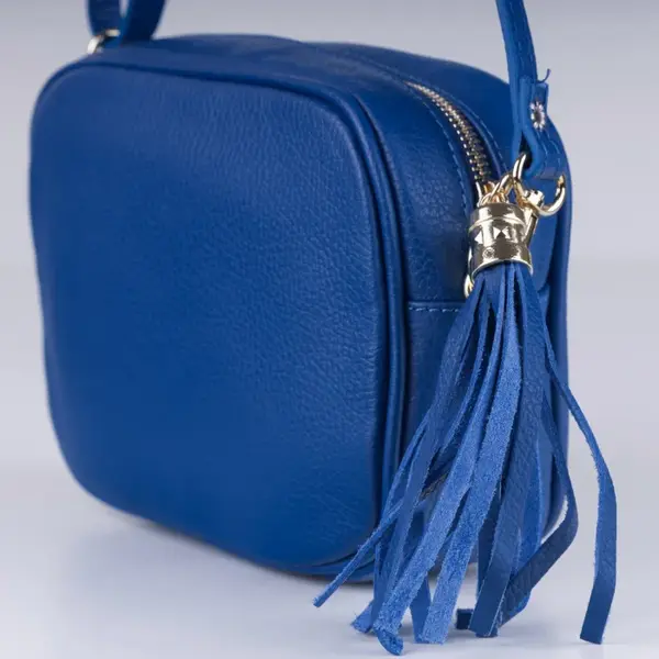 Geanta crossbody albastru electric din piele naturala, cu ciucure din piele