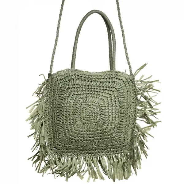 Geanta crossbody patrata mare, impletita cu franjuri mari decorative, verde prafuit