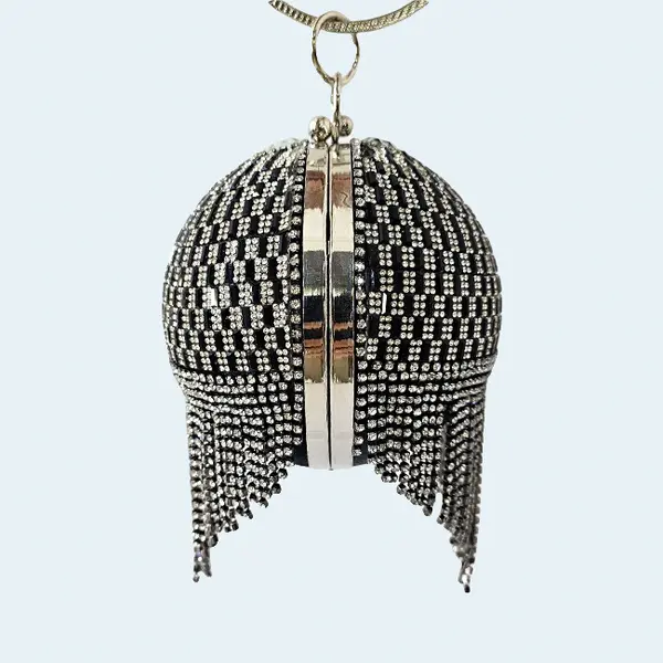 Geanta de ocazie, Shining Sphere, cristale, aspect geometric si laturi metalice, Negru/Argintiu