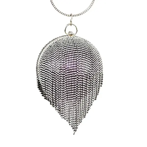 Geanta de ocazie, Shining Sphere, cu lanturi metalice si strasuri artizanale, Argintiu/Negru