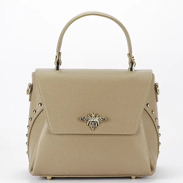 Geanta din piele naturala bej taupe cu brosa 1505A 123