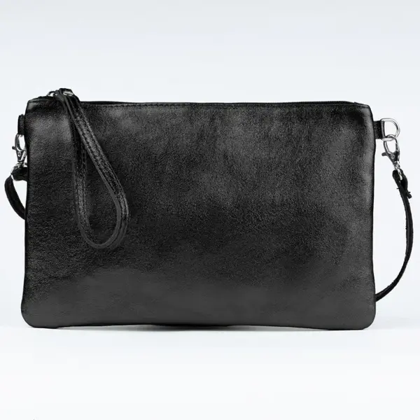 Geanta plic crossbody negru metalizat, din piele naturala