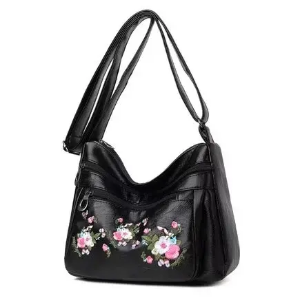 Geanta / poseta neagra de dama, Katrin, cu flori brodate