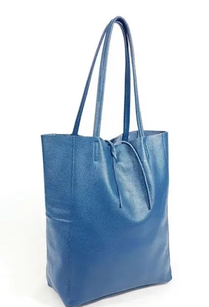 Geanta shopper albastra din piele naturala