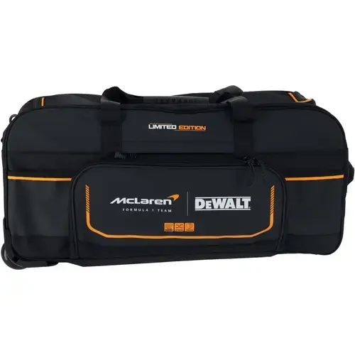 Geanta universala tip duffle cu roti DeWALT DWST83522-9, editie limitata McLaren, maner extensibil, utilizari multiple, buzunar ascuns cu fermoar, roti netede, material durabil, 28 inch lungime
