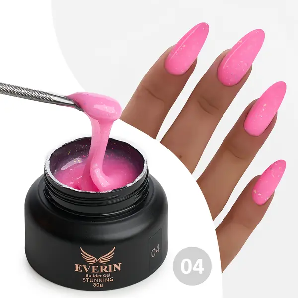 Gel Constructie Everin Stunning 04 Roz Intens cu Paiete Holografice | Gel Autonivelant Profesional