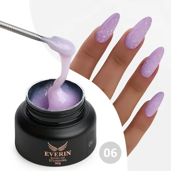 Gel Constructie Everin Stunning 06 Lila Deschis cu Paiete Holografice | Gel Autonivelant Profesional