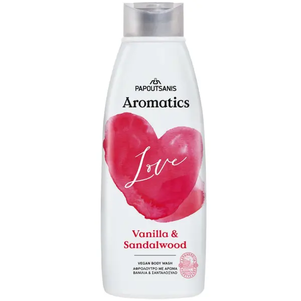 Gel de dus 100% vegan cu parfum de vanilie si lemn de santal Love, 600ml, Aromatics