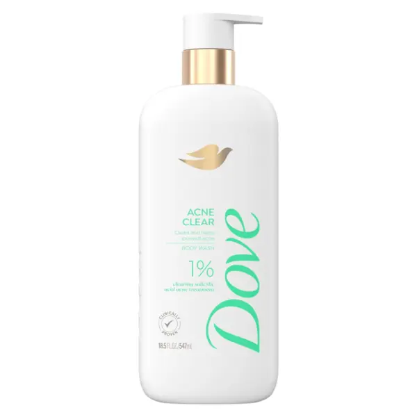 Gel de Dus, Dove, Acne Clear, cu Acid Salicilic 1%, cu Actiune Exfolianta, pentru Tratarea si Prevenirea Acneei, 547ml