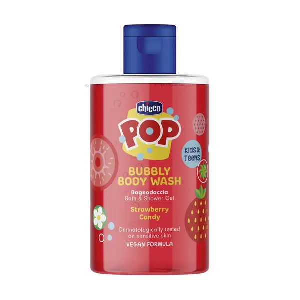 Gel de dus spumant Chicco Pop cu aroma de bomboane cu capsuni, formula vegana, pentru copii si adolescenti 300 ml